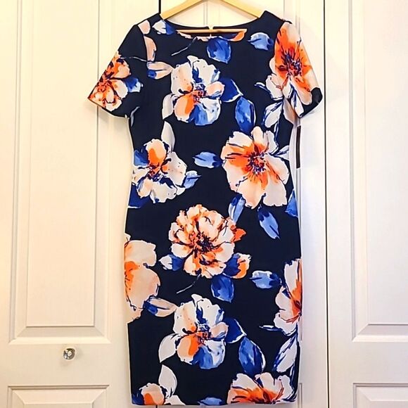Tahari Arthur S. Levine Floral Dress 8299M701 Navy Peach Ivory Floral- Size 14 - Picture 1 of 12